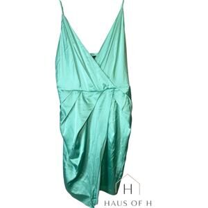bebe Green Satin Sleeveless Wrap Bodycon Dress Spaghetti Strap Size S
